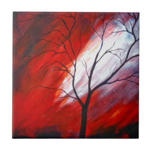 Abstract Tree and Red Sky Ceramic Tile