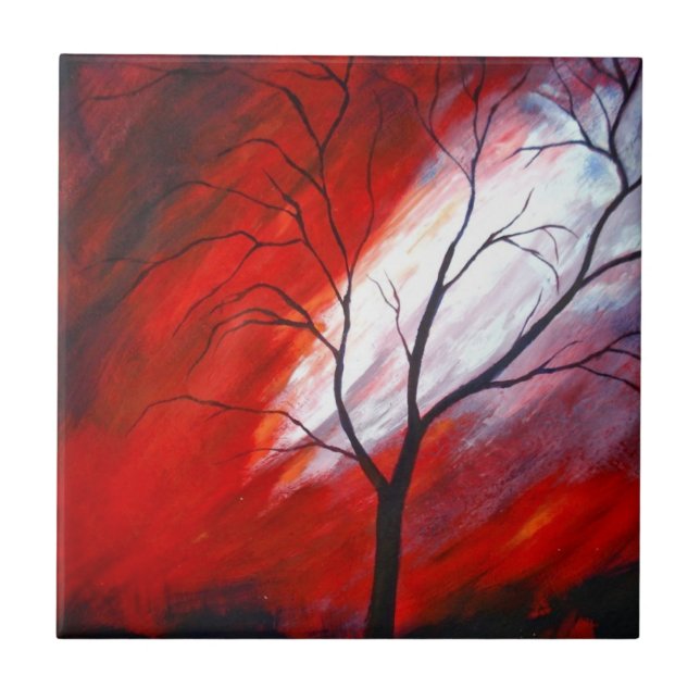 Abstract Tree and Red Sky Ceramic Tile (Front)