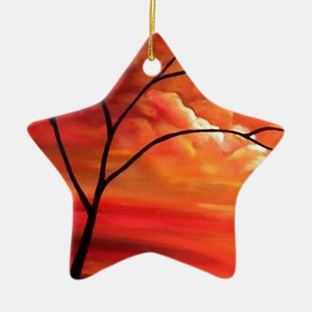 Abstract Tree & Red Sunset Ceramic Tree Decoration (Front)