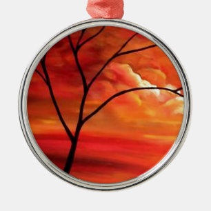 Abstract Tree & Red Sunset Metal Ornament