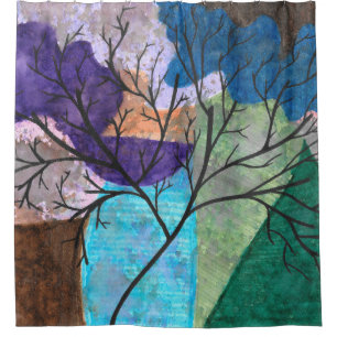 Abstract Tree Silhouette on Colourful Watercolor Shower Curtain