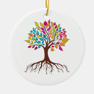 Abstract tree with roots and colourful leaves. ceramic ornament