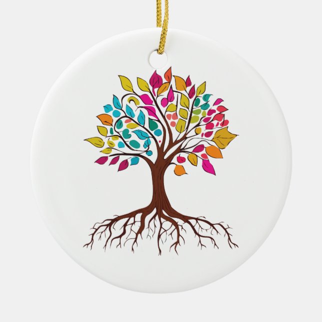 Abstract tree with roots and colourful leaves. ceramic ornament (Front)