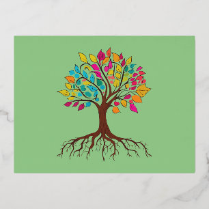 Abstract tree with roots and colourful leaves. foil holiday postcard