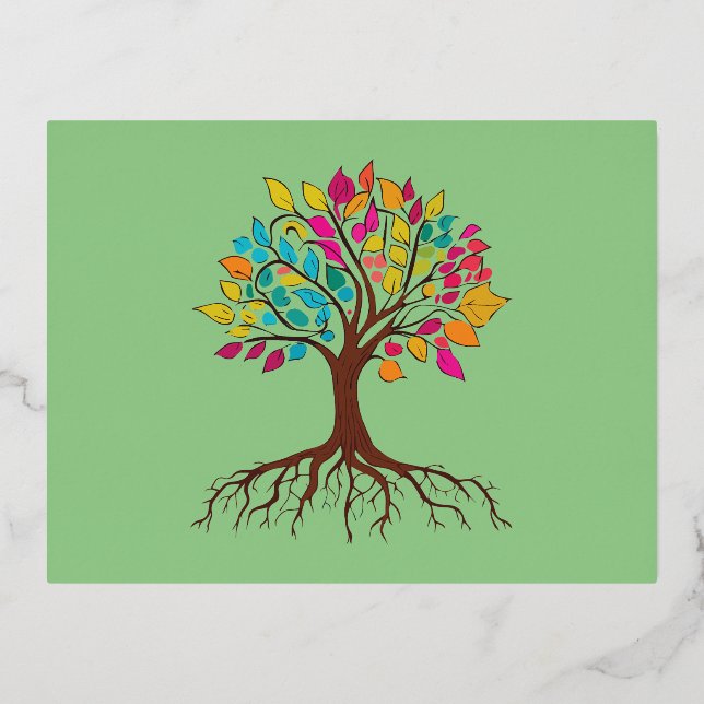Abstract tree with roots and colourful leaves. foil holiday postcard (Front)