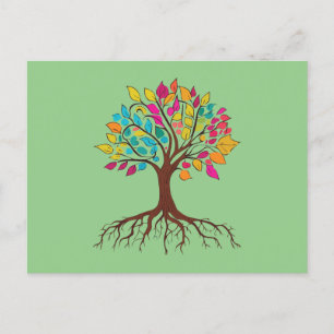Abstract tree with roots and colourful leaves. holiday postcard