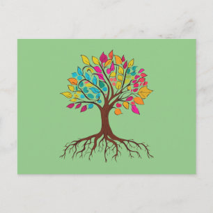 Abstract tree with roots and colourful leaves. holiday postcard