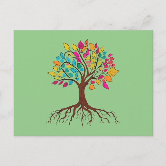 Abstract tree with roots and colourful leaves. holiday postcard (Front)