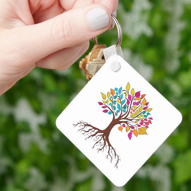 Abstract tree with roots and colourful leaves. key ring (Vibrant Tree of Life: Roots and colorful leaves. Keychain)