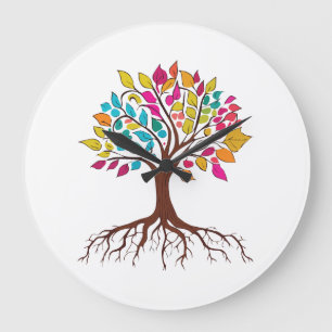 Abstract tree with roots and colourful leaves. large clock
