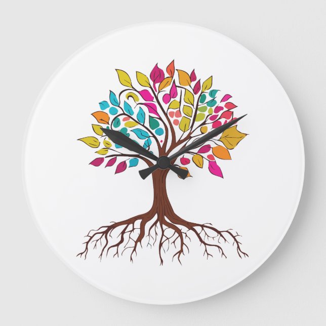Abstract tree with roots and colourful leaves. large clock (Front)