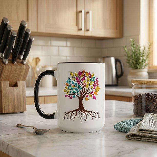 Abstract tree with roots and colourful leaves. mug (Vibrant Tree of Life: Roots and colorful leaves. Mug)