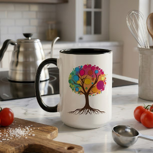 Abstract tree with roots and colourful leaves. mug