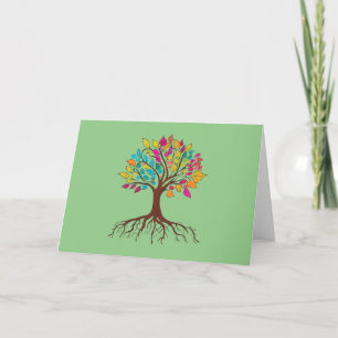 Abstract tree with roots and colourful leaves. note card