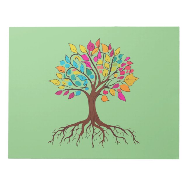 Abstract tree with roots and colourful leaves. notepad (Front)