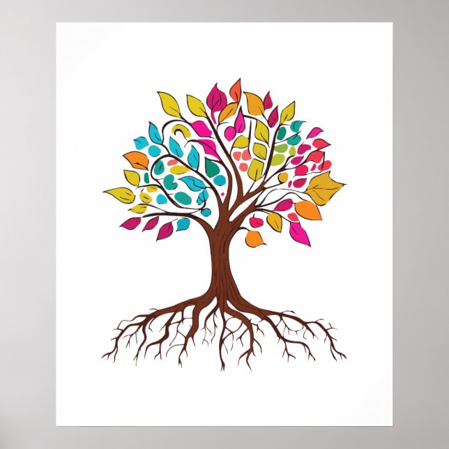 Abstract tree with roots and colourful leaves. poster (Front)