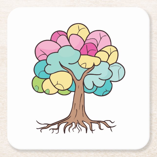 Abstract tree with roots and colourful leaves. square paper coaster (Front)