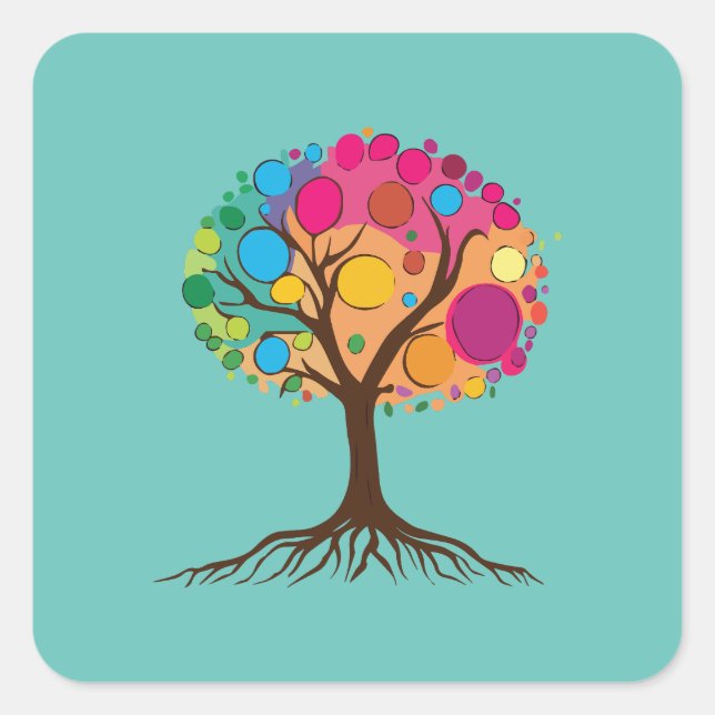 Abstract tree with roots and colourful leaves. square sticker (Front)