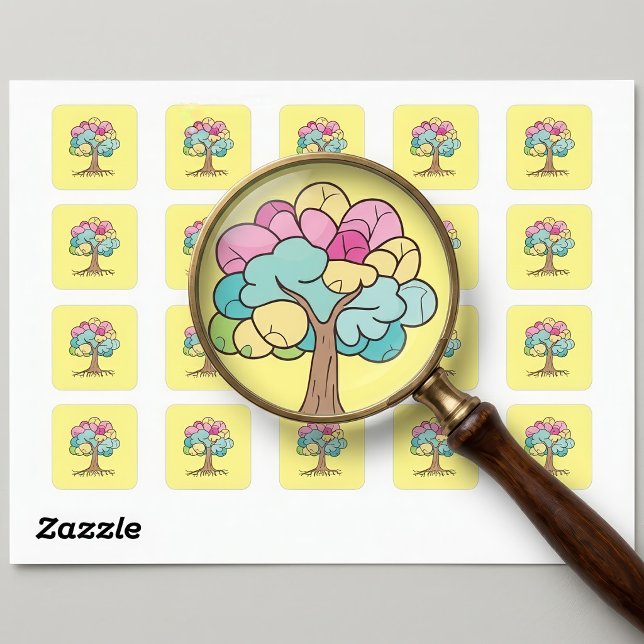 Abstract tree with roots and colourful leaves. square sticker (Abstract Pastel Brain Tree Art Print. Square Sticker)