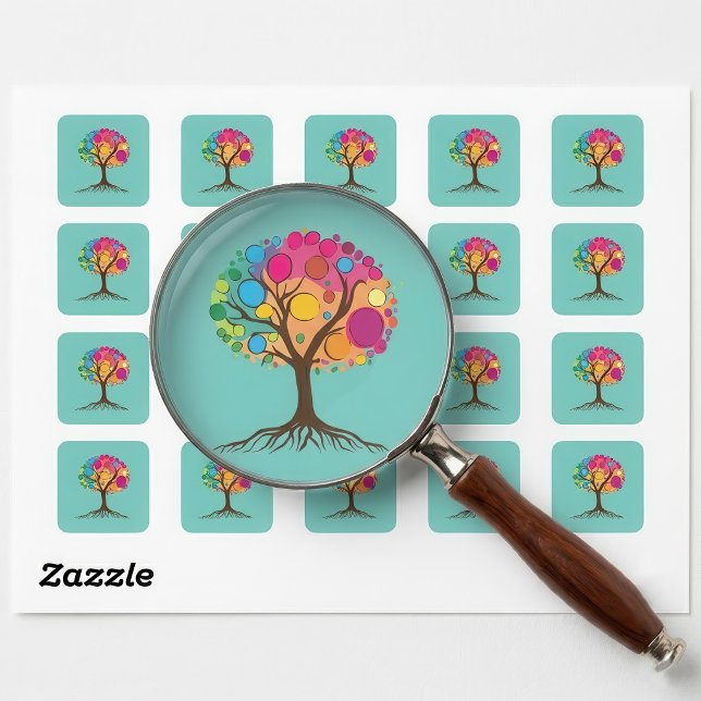 Abstract tree with roots and colourful leaves. square sticker (Abstract tree with roots and colorful leaves. square sticker)
