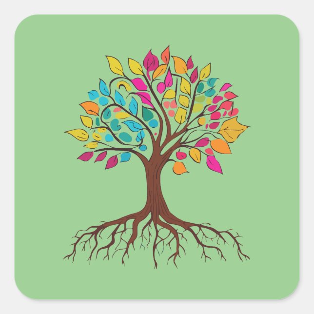 Abstract tree with roots and colourful leaves. square sticker (Front)