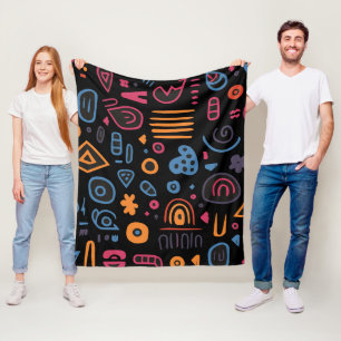 Abstract Tribal Doodle Neon Geometric Black Fleece Blanket