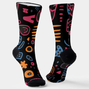 Abstract Tribal Doodle Neon Geometric Black Socks