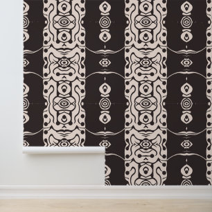 Abstract Tribal-Inspired Black and Beige Pattern Wallpaper