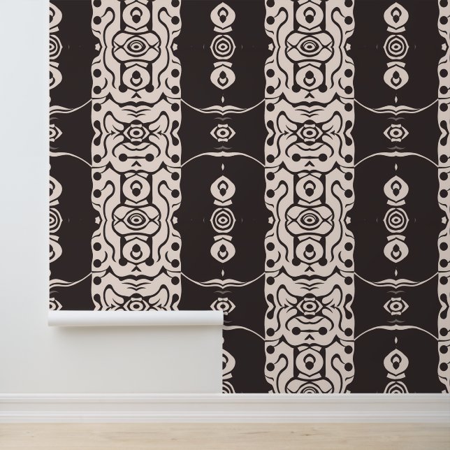 Abstract Tribal-Inspired Black and Beige Pattern Wallpaper (Application)