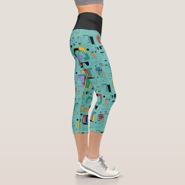 Abstract tribal maya ancient faces pattern 1 capri leggings (Right)