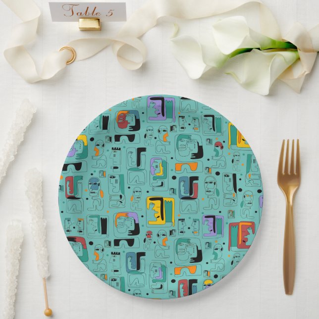 Abstract tribal maya ancient faces pattern 1 paper plate (Wedding)