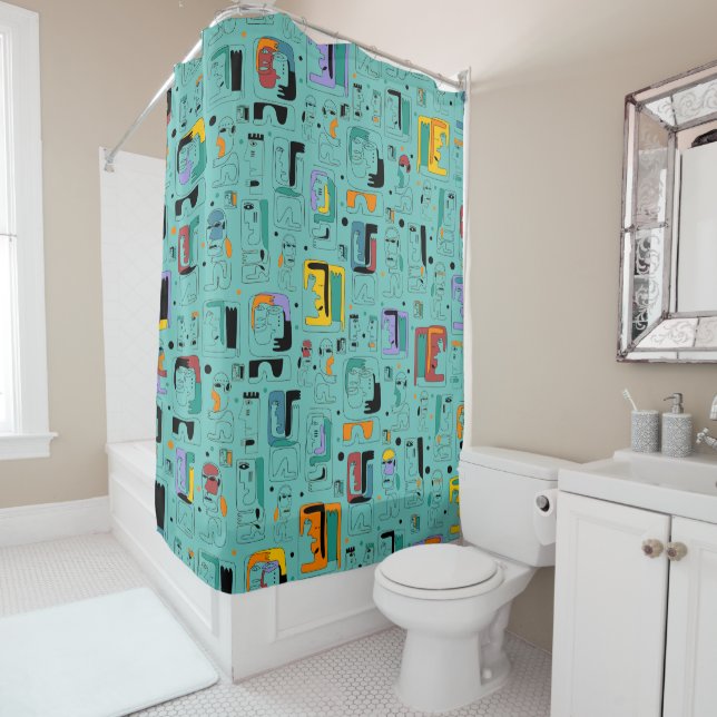 Abstract tribal maya ancient faces pattern 1 shower curtain (In Situ)