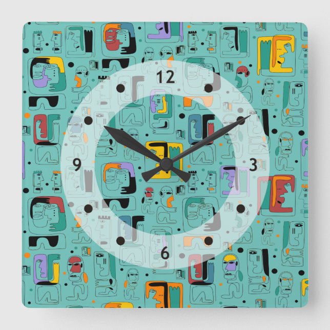 Abstract tribal maya ancient faces pattern 1 square wall clock (Front)