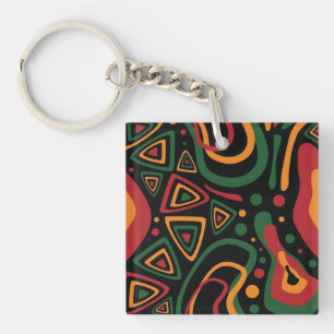 Abstract Tribal Shapes Pattern in Red, Gold, Green Key Ring
