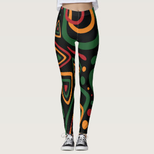 Abstract Tribal Shapes Pattern in Red, Gold, Green Leggings