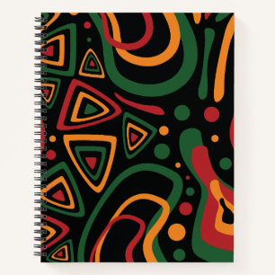 Abstract Tribal Shapes Pattern in Red, Gold, Green Notebook