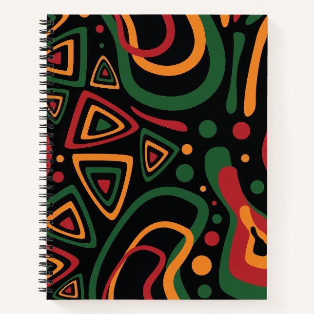 Abstract Tribal Shapes Pattern in Red, Gold, Green Notebook (Front)