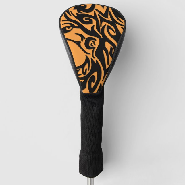 Abstract Tribal Wolf Orange on Black Golf Head Cover (Front)