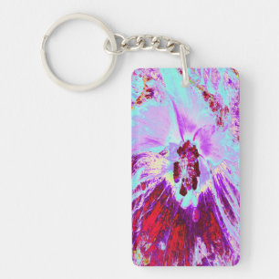 Abstract Tropical Aqua and Purple Hibiscus Flower Key Ring