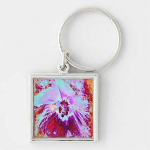 Abstract Tropical Aqua and Purple Hibiscus Flower Key Ring