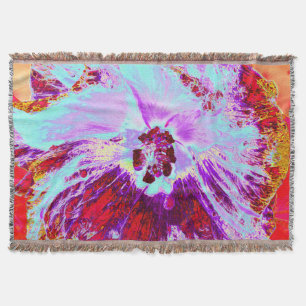 Abstract Tropical Aqua and Purple Hibiscus Flower Throw Blanket