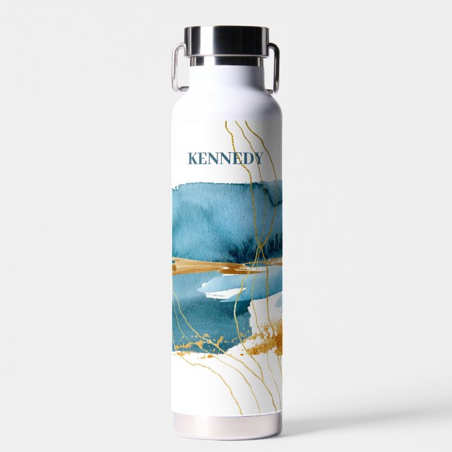 Abstract Tropical Blue & Gold Art  Water Bottle (Front)