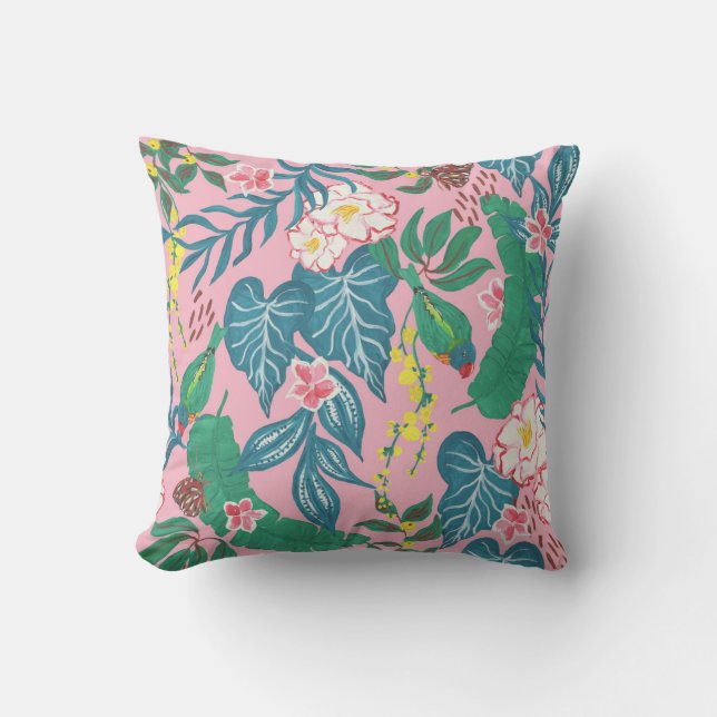 Abstract tropical flowers, guache painting pattern cushion (Front)