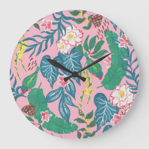 Abstract tropical flowers, guache painting pattern large clock
