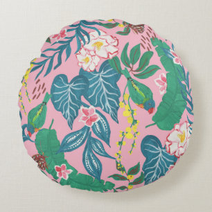 Abstract tropical flowers, guache painting pattern round cushion