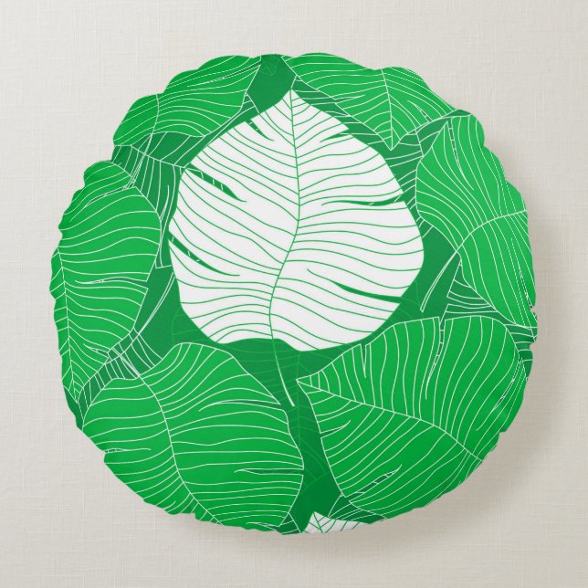 Abstract tropical leaf painting design round cushion (Front)