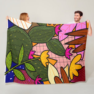 Abstract tropical leaves and flowers   fleece blanket
