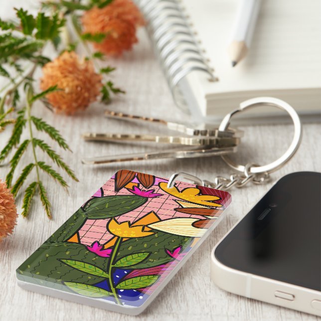 Abstract tropical leaves and flowers  key ring (Front Right)