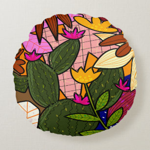 Abstract tropical leaves and flowers   round cushion