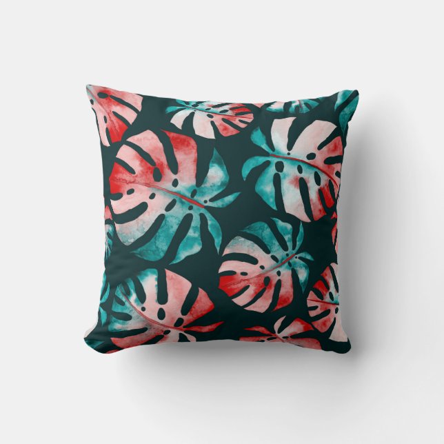 Abstract Tropical Leaves, Watercolor Bright. Cushion (Front)
